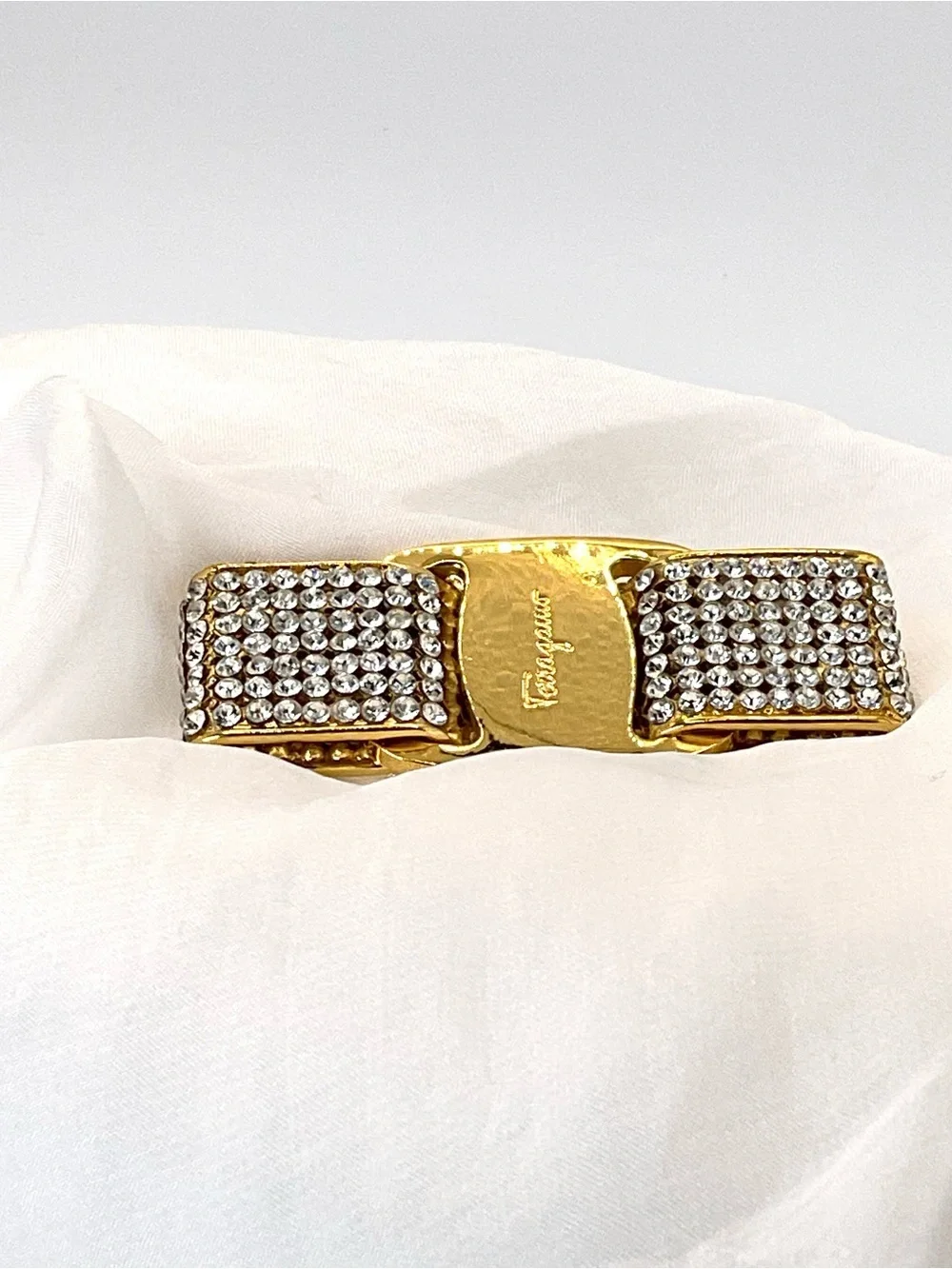Salvatore Ferragamo Gold and Crystal Vara-Style Bow Brooch